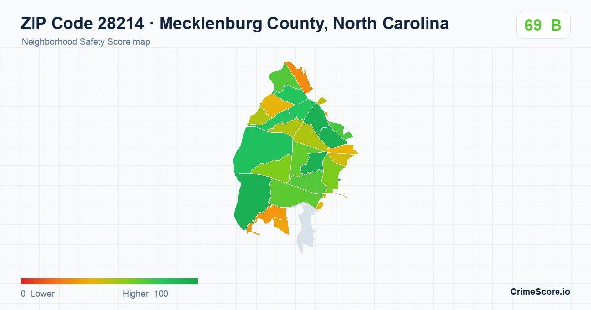 ZIP Code 28214 in Mecklenburg County, North Carolina neighborhood Safety Score map