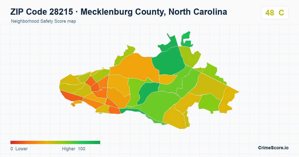 ZIP Code 28215 in Mecklenburg County, North Carolina neighborhood Safety Score map