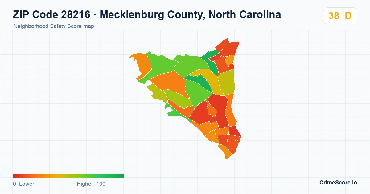 ZIP Code 28216 in Mecklenburg County, North Carolina neighborhood Safety Score map