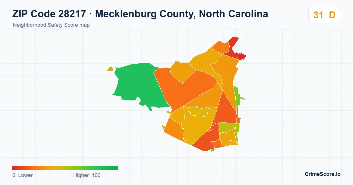 ZIP Code 28217 in Mecklenburg County, North Carolina neighborhood Safety Score map