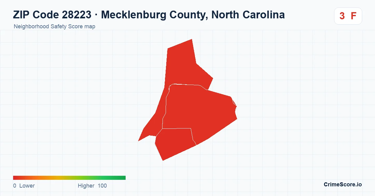 ZIP Code 28223 in Mecklenburg County, North Carolina neighborhood Safety Score map