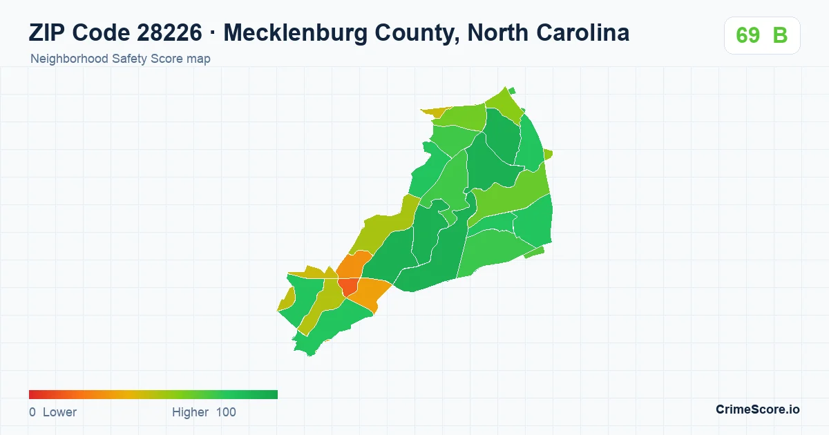 ZIP Code 28226 in Mecklenburg County, North Carolina neighborhood Safety Score map
