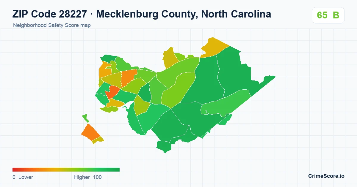 ZIP Code 28227 in Mecklenburg County, North Carolina neighborhood Safety Score map