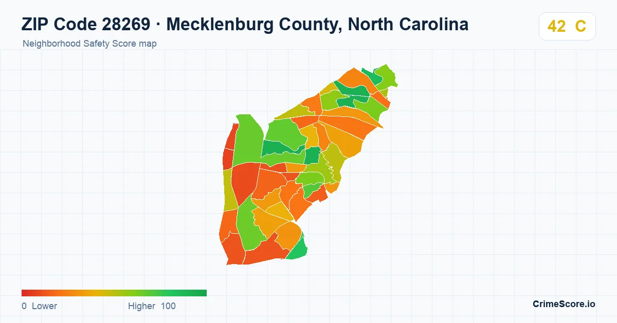 ZIP Code 28269 in Mecklenburg County, North Carolina neighborhood Safety Score map
