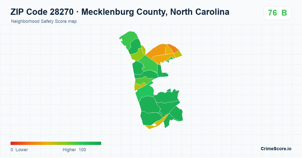 ZIP Code 28270 in Mecklenburg County, North Carolina neighborhood Safety Score map