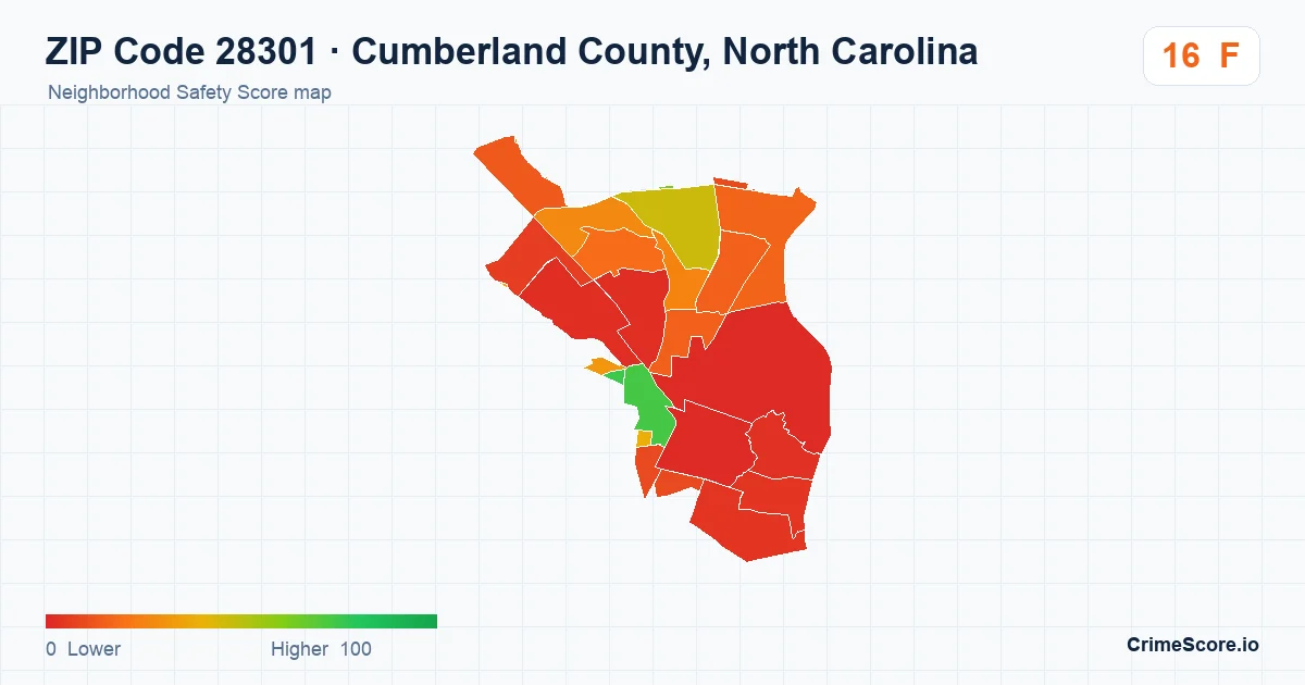 ZIP Code 28301 in Cumberland County, North Carolina neighborhood Safety Score map