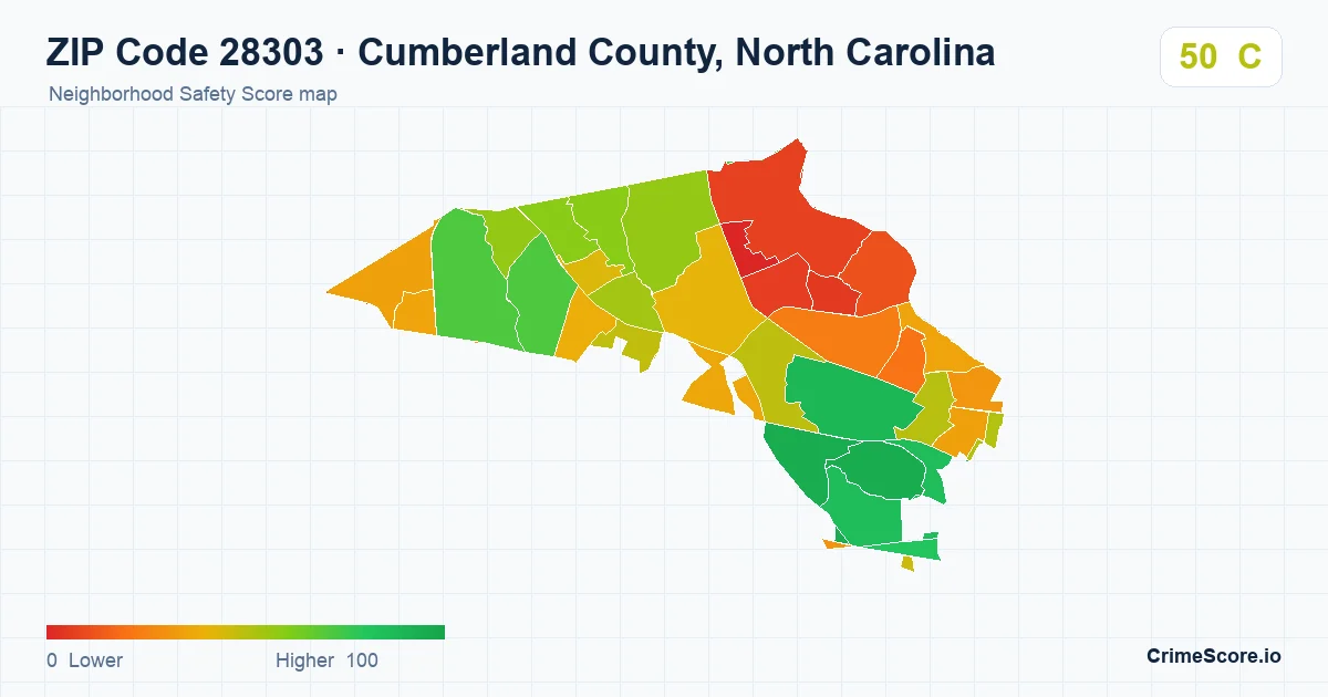 ZIP Code 28303 in Cumberland County, North Carolina neighborhood Safety Score map
