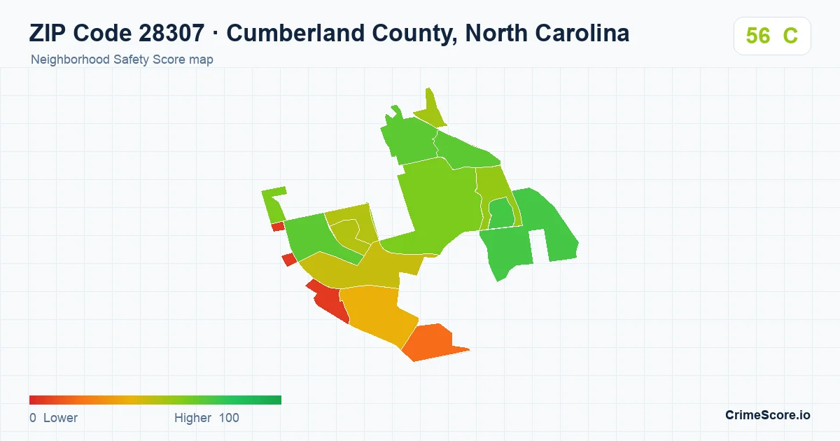 ZIP Code 28307 in Cumberland County, North Carolina neighborhood Safety Score map