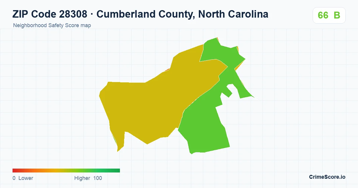 ZIP Code 28308 in Cumberland County, North Carolina neighborhood Safety Score map