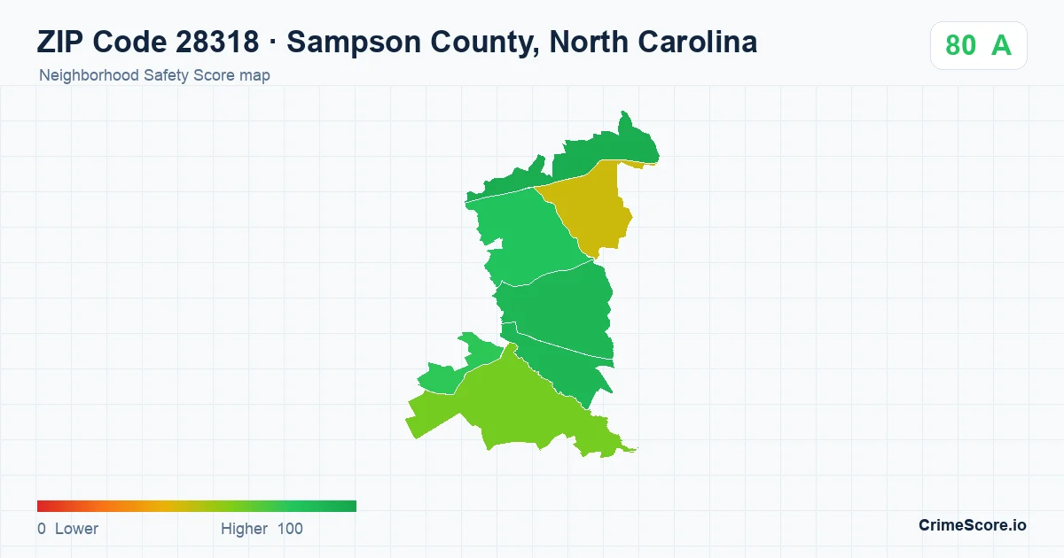 ZIP Code 28318 in Sampson County, North Carolina neighborhood Safety Score map