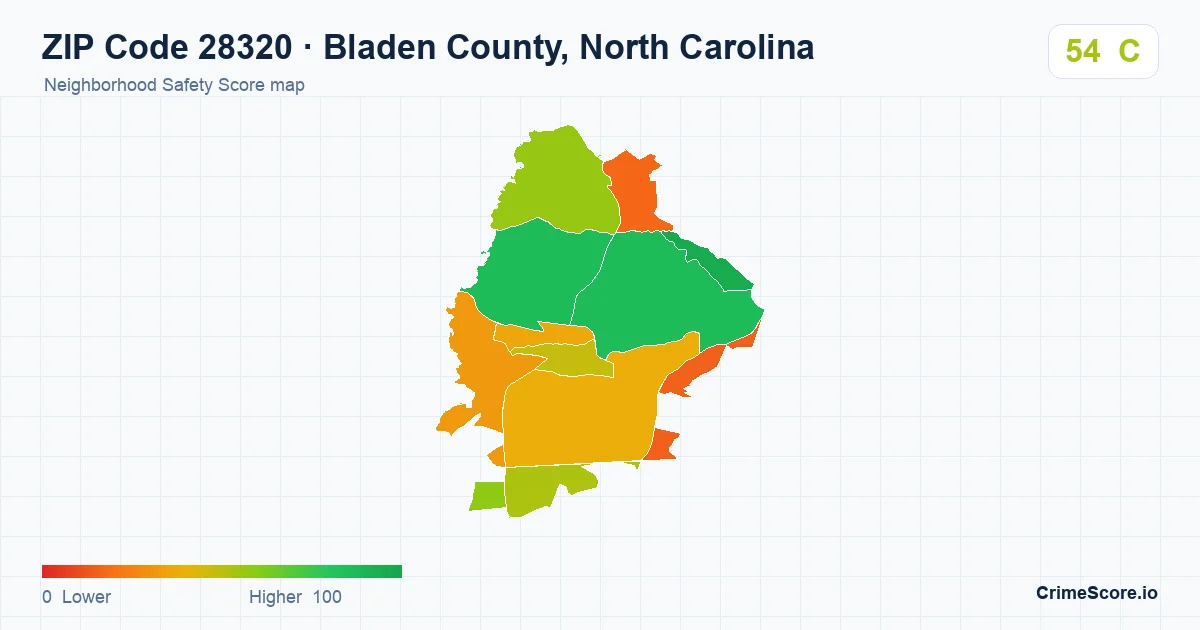 ZIP Code 28320 in Bladen County, North Carolina neighborhood Safety Score map