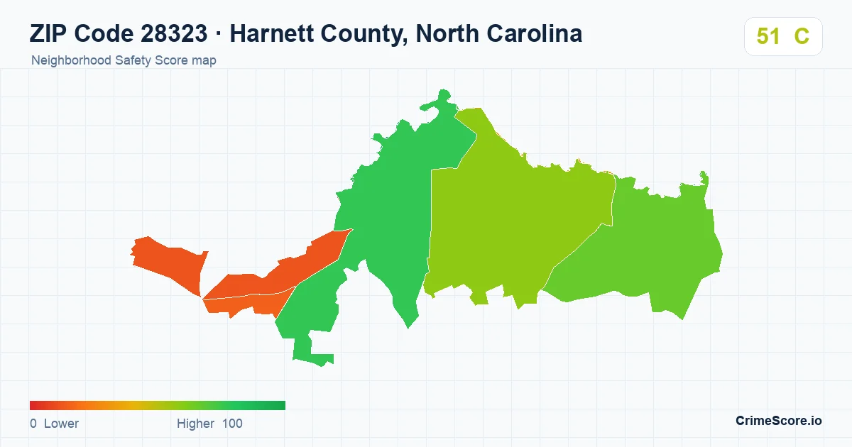 ZIP Code 28323 in Harnett County, North Carolina neighborhood Safety Score map