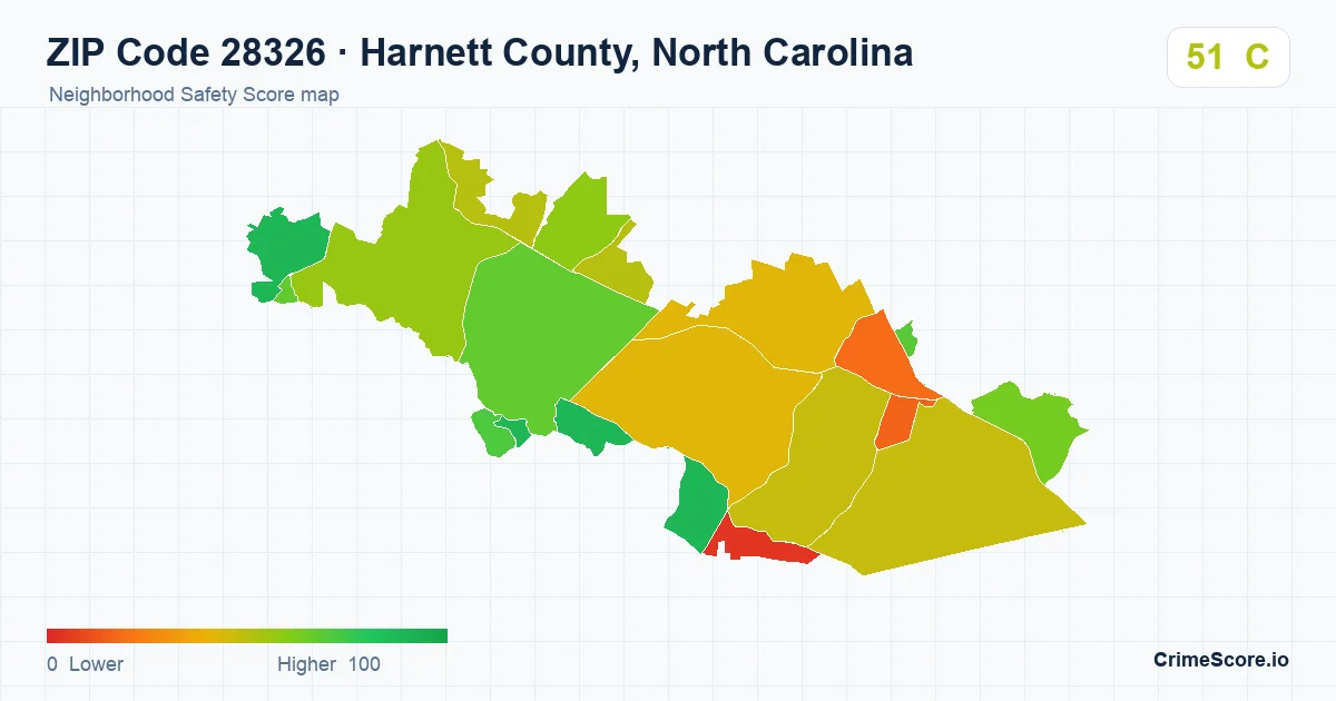 ZIP Code 28326 in Harnett County, North Carolina neighborhood Safety Score map