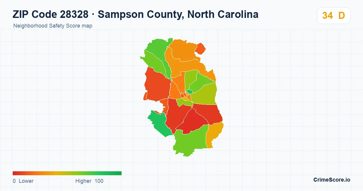 ZIP Code 28328 in Sampson County, North Carolina neighborhood Safety Score map