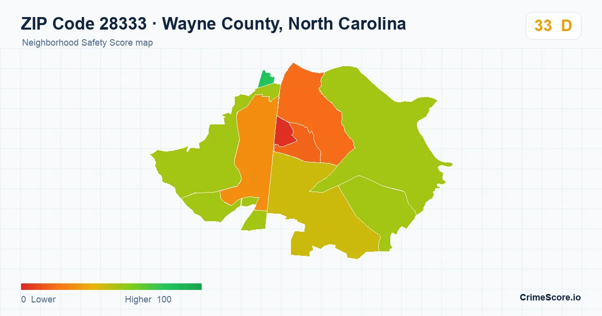 ZIP Code 28333 in Wayne County, North Carolina neighborhood Safety Score map