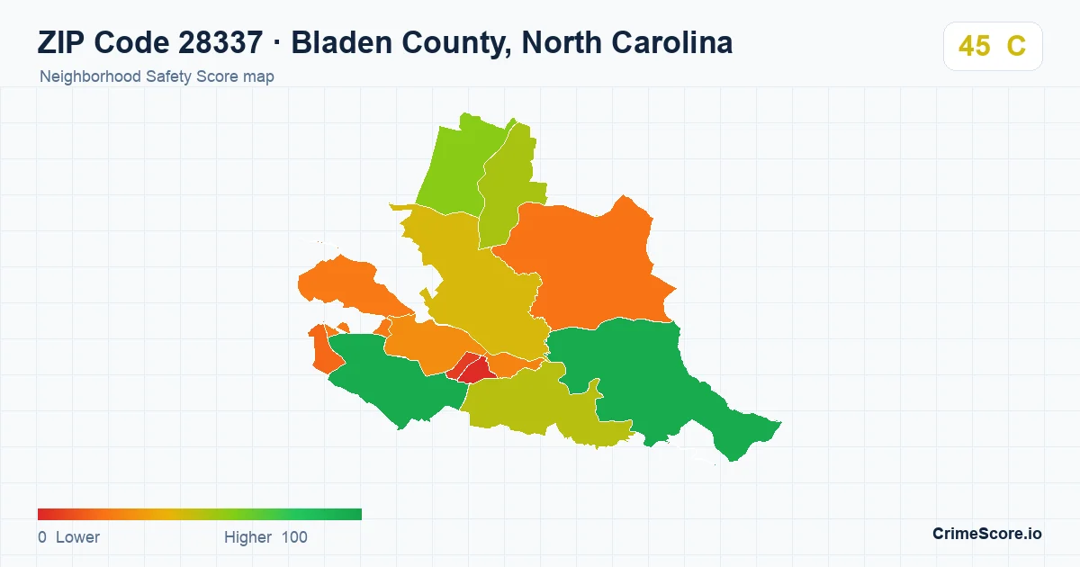ZIP Code 28337 in Bladen County, North Carolina neighborhood Safety Score map