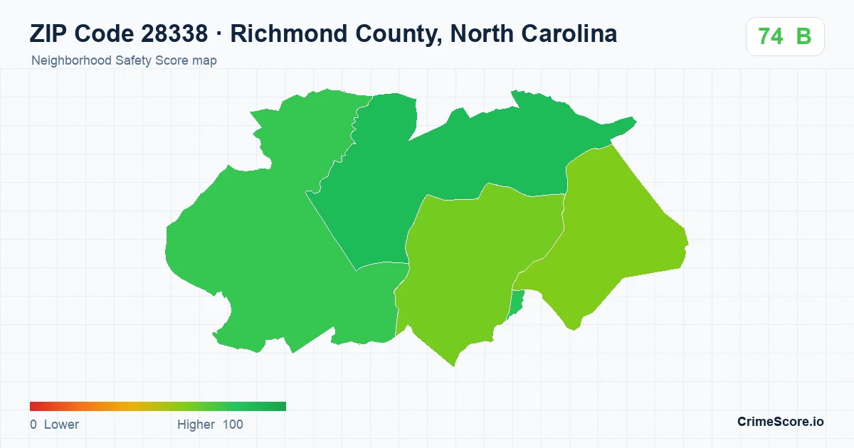 ZIP Code 28338 in Richmond County, North Carolina neighborhood Safety Score map