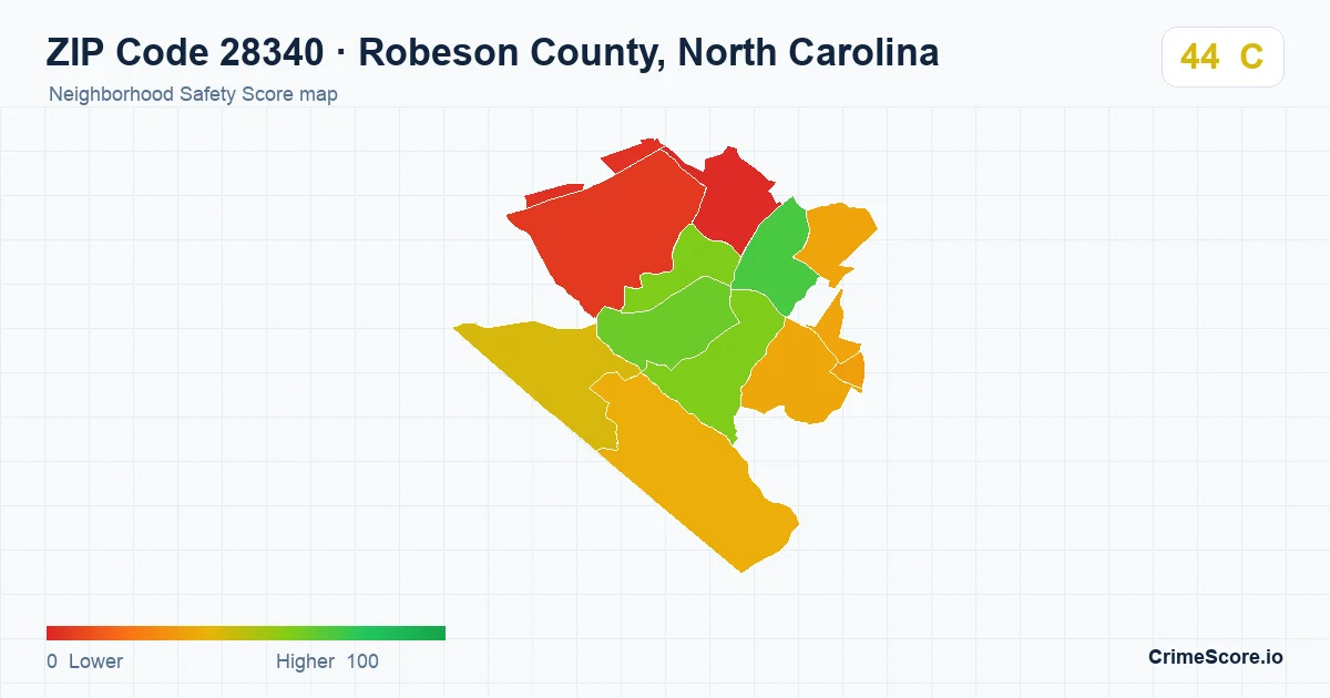 ZIP Code 28340 in Robeson County, North Carolina neighborhood Safety Score map