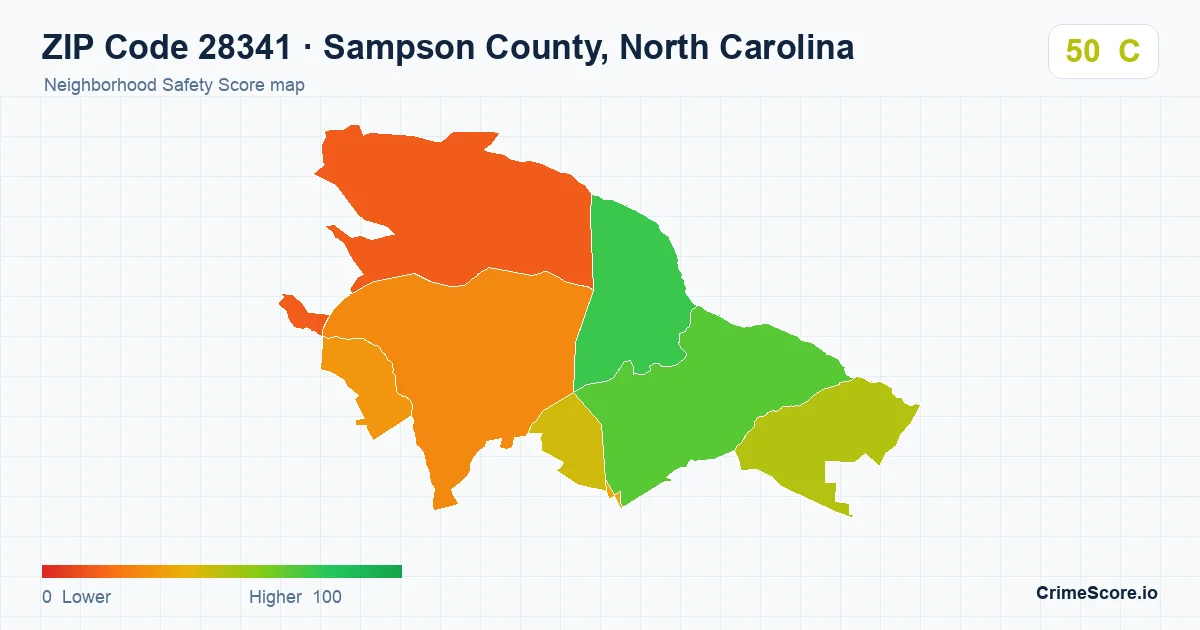ZIP Code 28341 in Sampson County, North Carolina neighborhood Safety Score map