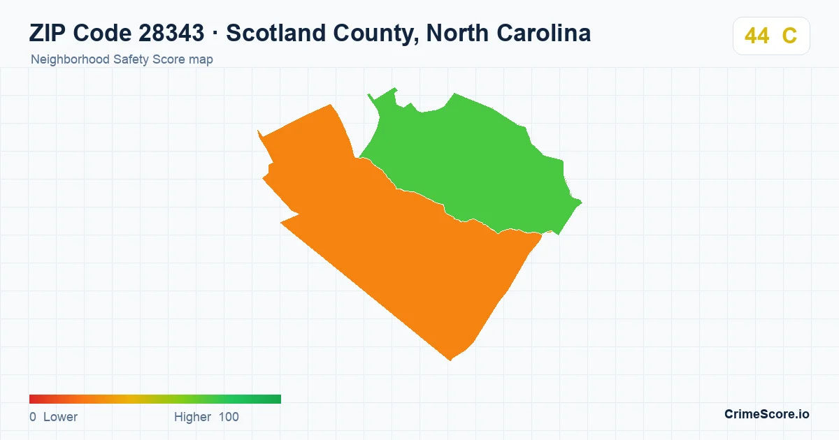 ZIP Code 28343 in Scotland County, North Carolina neighborhood Safety Score map