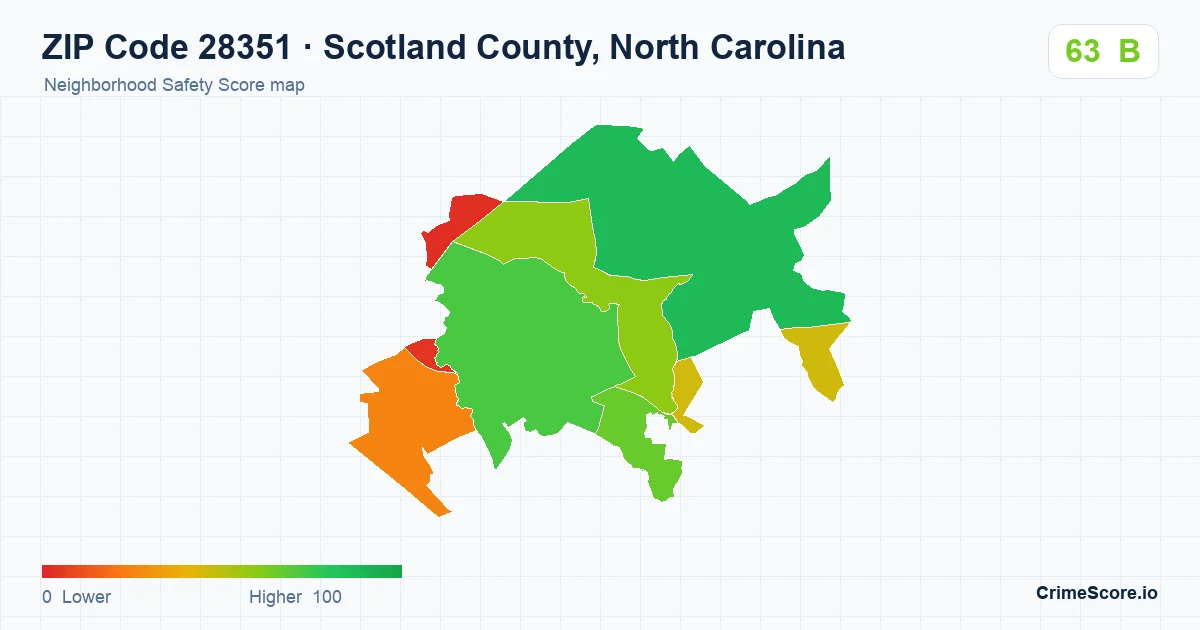 ZIP Code 28351 in Scotland County, North Carolina neighborhood Safety Score map