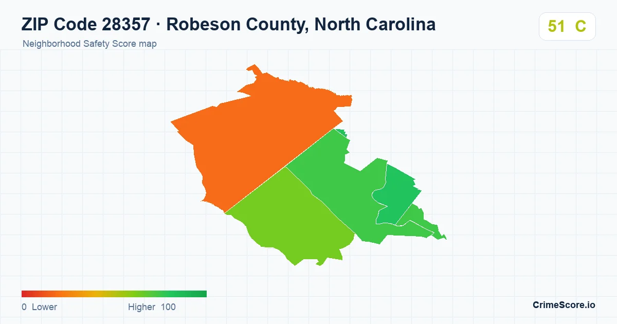 ZIP Code 28357 in Robeson County, North Carolina neighborhood Safety Score map