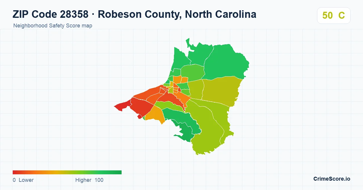 ZIP Code 28358 in Robeson County, North Carolina neighborhood Safety Score map