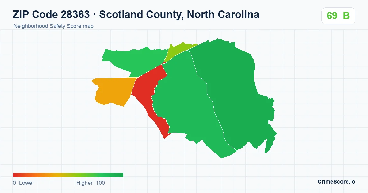 ZIP Code 28363 in Scotland County, North Carolina neighborhood Safety Score map