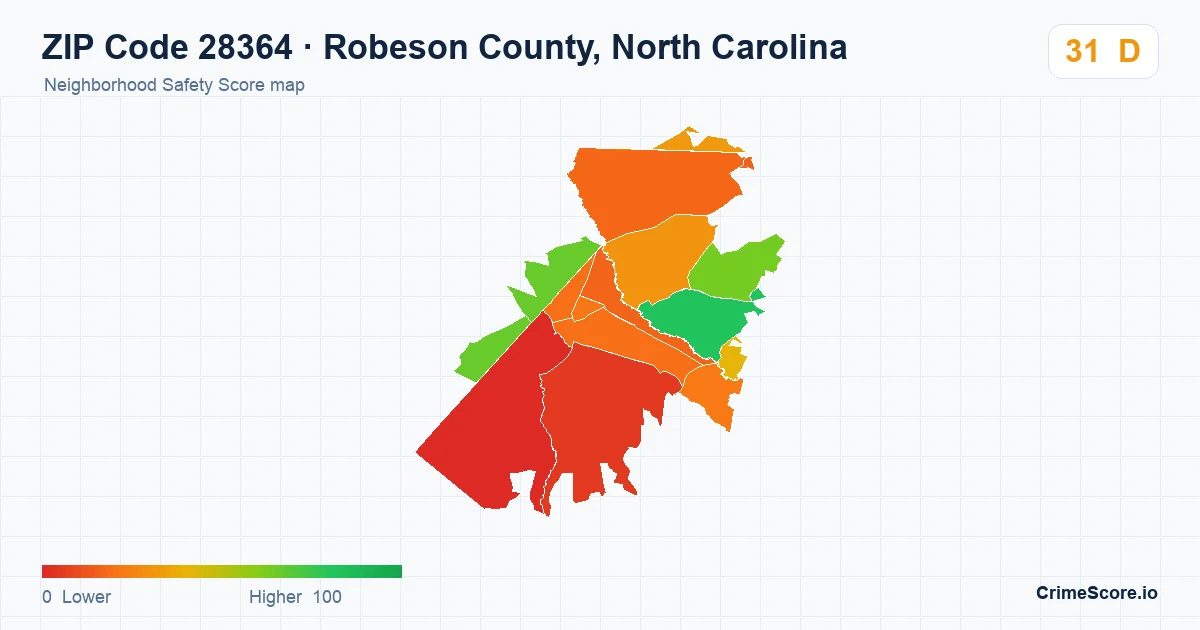 ZIP Code 28364 in Robeson County, North Carolina neighborhood Safety Score map
