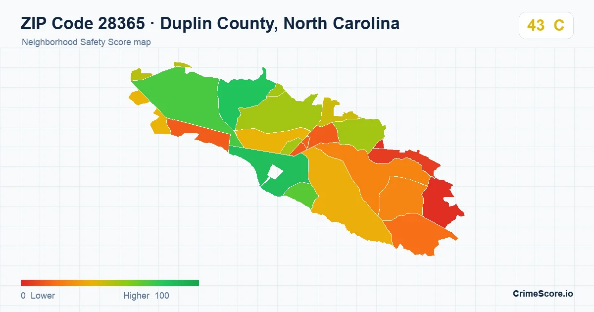 ZIP Code 28365 in Duplin County, North Carolina neighborhood Safety Score map