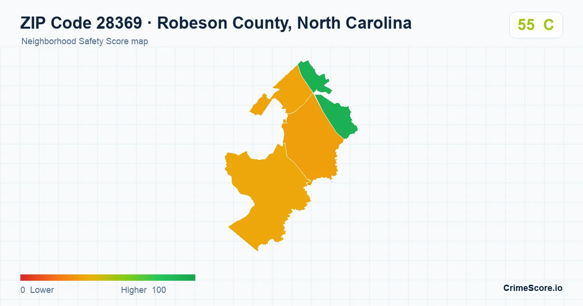 ZIP Code 28369 in Robeson County, North Carolina neighborhood Safety Score map