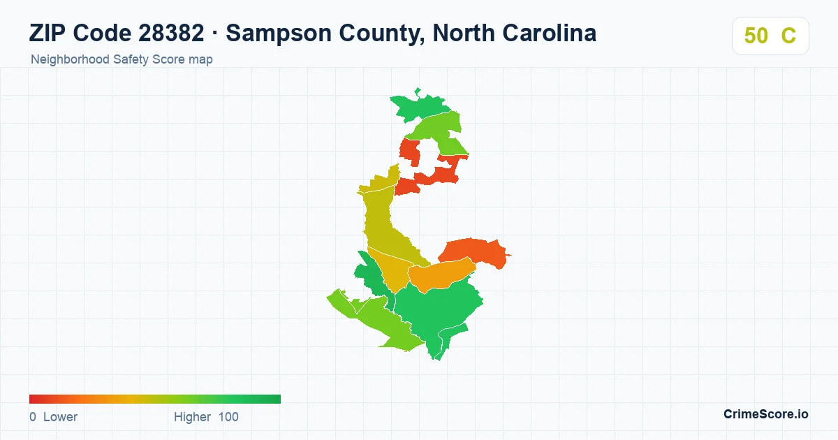 ZIP Code 28382 in Sampson County, North Carolina neighborhood Safety Score map