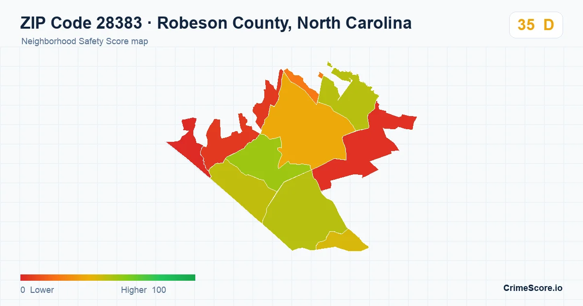 ZIP Code 28383 in Robeson County, North Carolina neighborhood Safety Score map