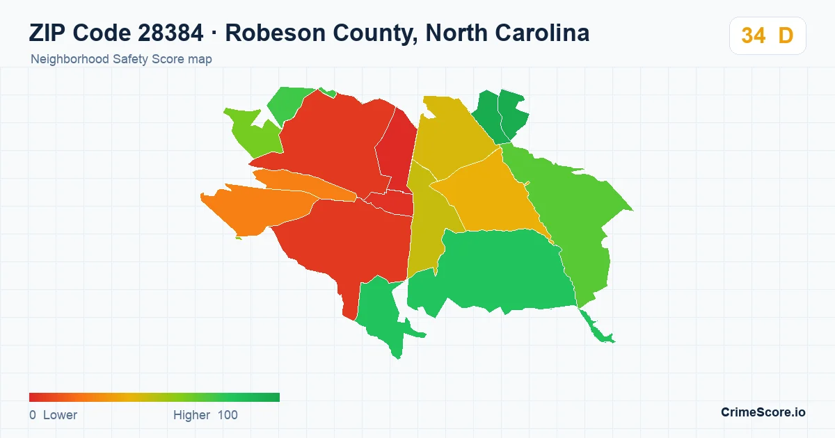 ZIP Code 28384 in Robeson County, North Carolina neighborhood Safety Score map