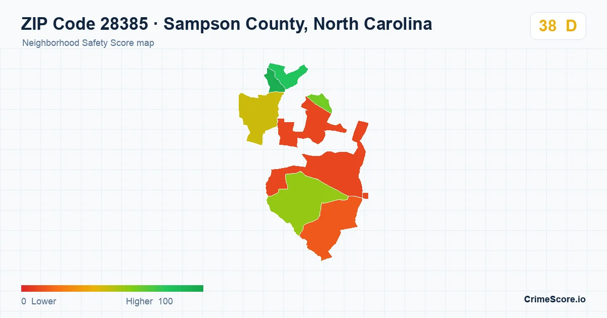 ZIP Code 28385 in Sampson County, North Carolina neighborhood Safety Score map