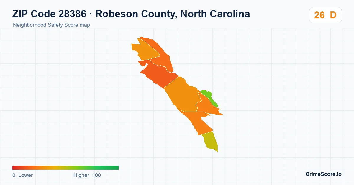 ZIP Code 28386 in Robeson County, North Carolina neighborhood Safety Score map