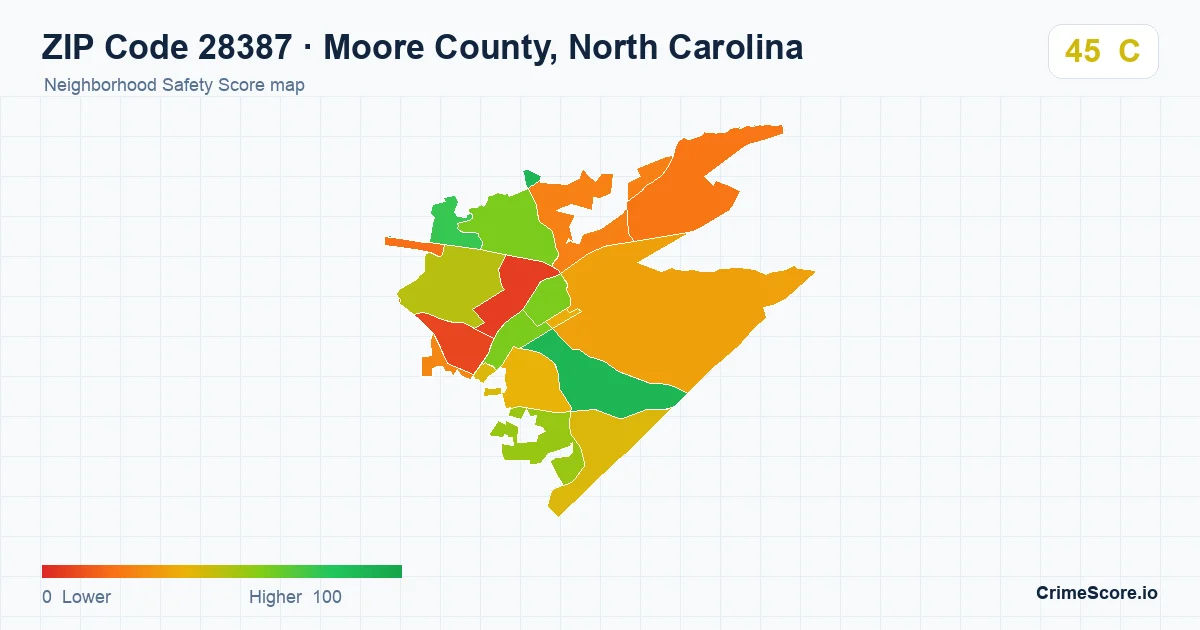 ZIP Code 28387 in Moore County, North Carolina neighborhood Safety Score map