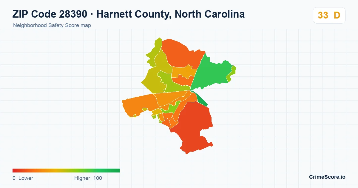 ZIP Code 28390 in Harnett County, North Carolina neighborhood Safety Score map
