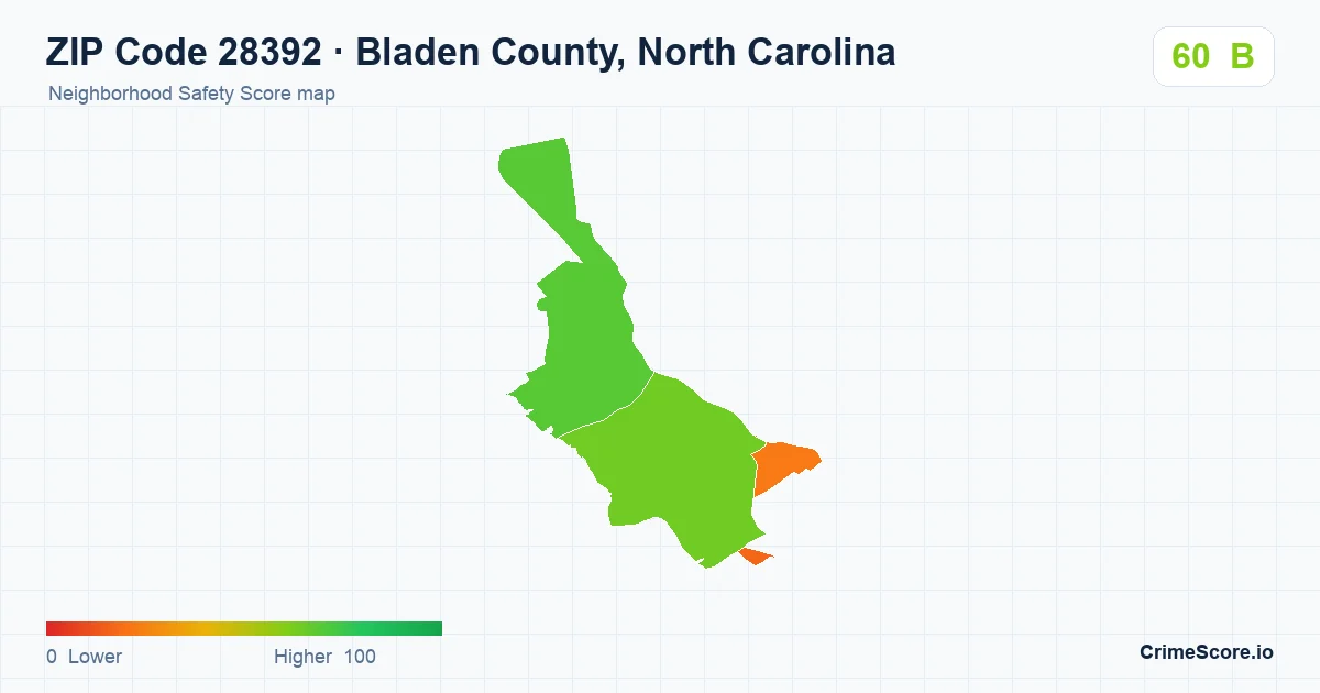 ZIP Code 28392 in Bladen County, North Carolina neighborhood Safety Score map