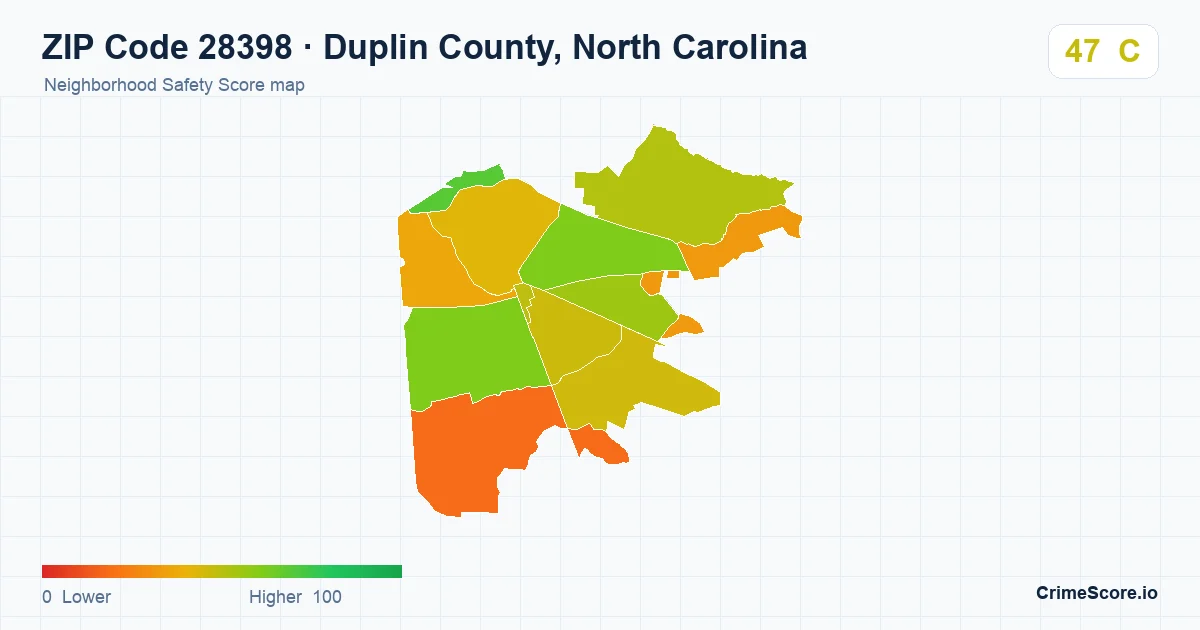 ZIP Code 28398 in Duplin County, North Carolina neighborhood Safety Score map