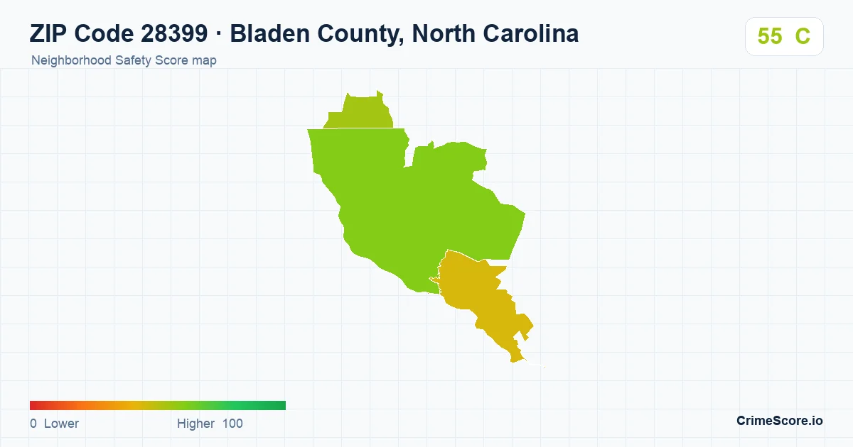 ZIP Code 28399 in Bladen County, North Carolina neighborhood Safety Score map