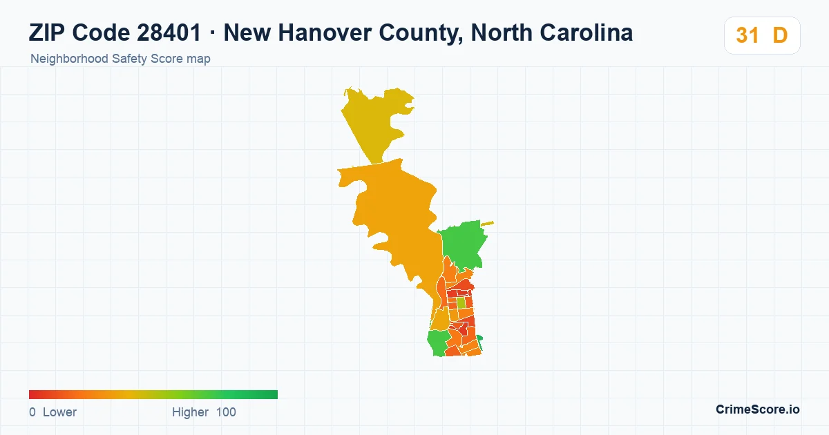 ZIP Code 28401 in New Hanover County, North Carolina neighborhood Safety Score map