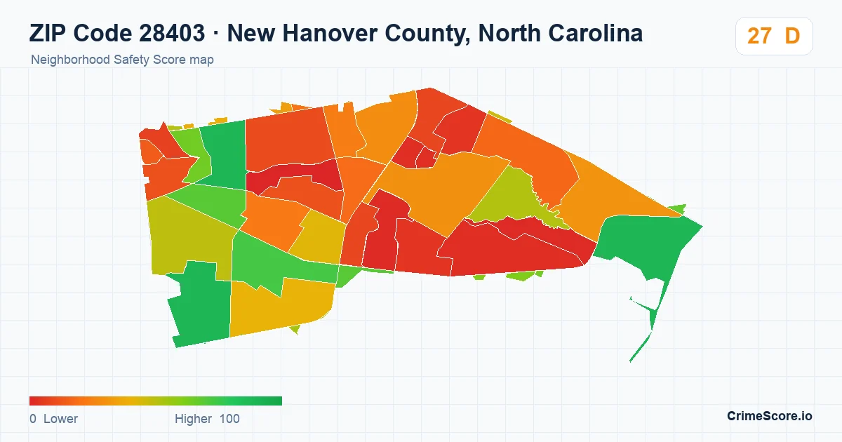 ZIP Code 28403 in New Hanover County, North Carolina neighborhood Safety Score map