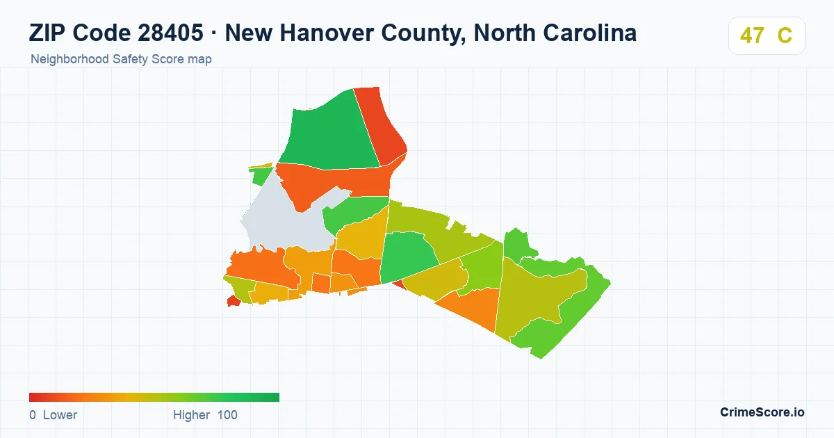 ZIP Code 28405 in New Hanover County, North Carolina neighborhood Safety Score map