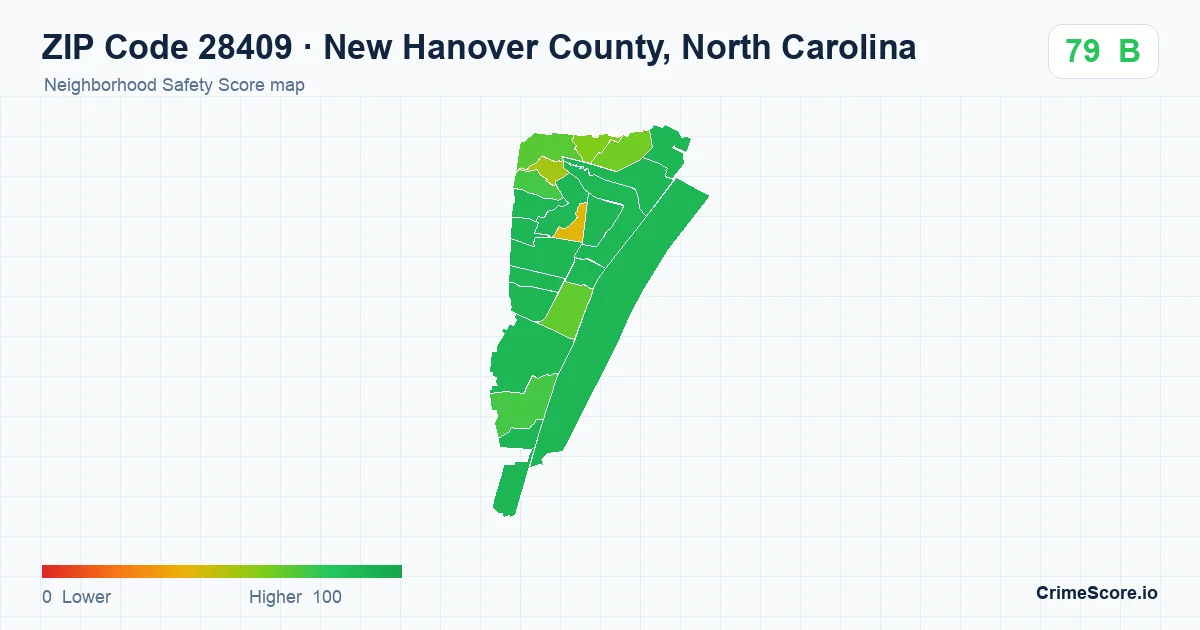 ZIP Code 28409 in New Hanover County, North Carolina neighborhood Safety Score map