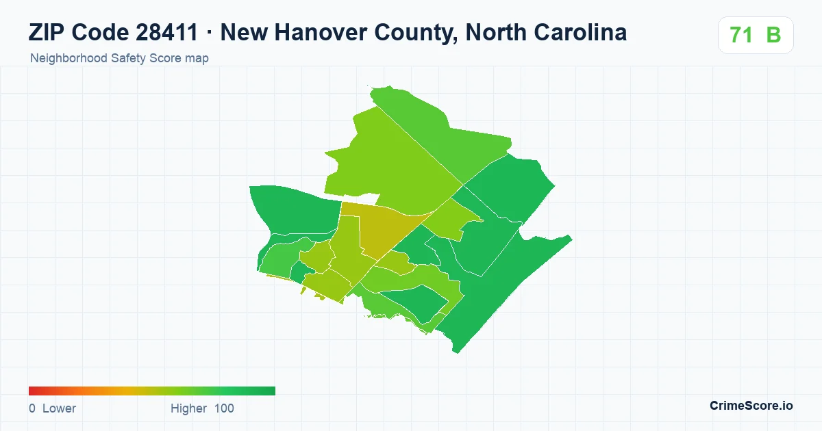 ZIP Code 28411 in New Hanover County, North Carolina neighborhood Safety Score map