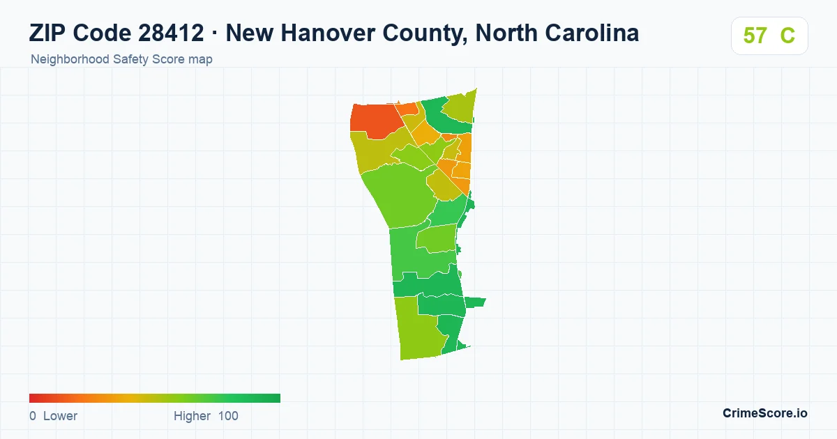 ZIP Code 28412 in New Hanover County, North Carolina neighborhood Safety Score map