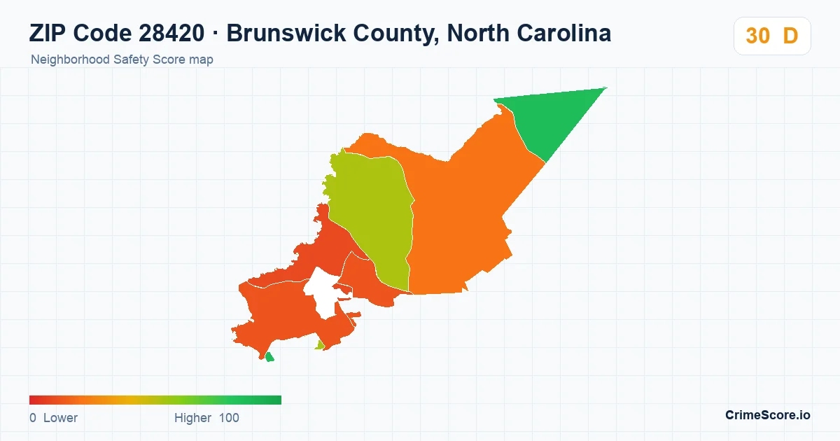ZIP Code 28420 in Brunswick County, North Carolina neighborhood Safety Score map