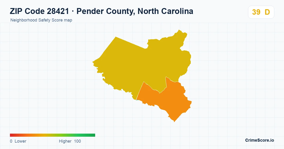 ZIP Code 28421 in Pender County, North Carolina neighborhood Safety Score map