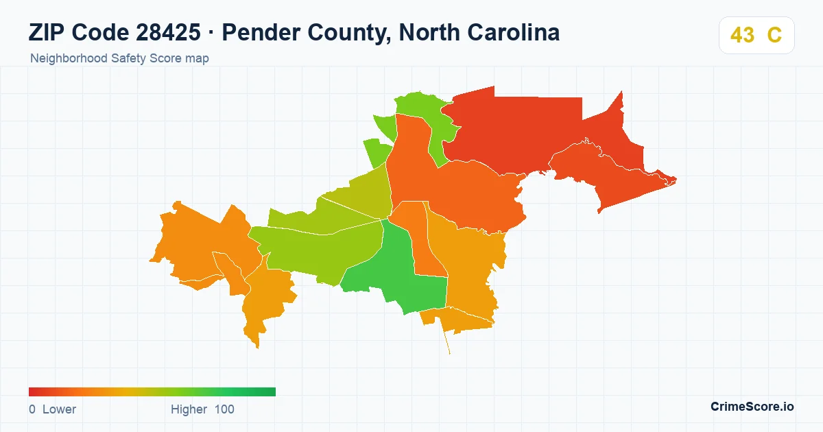 ZIP Code 28425 in Pender County, North Carolina neighborhood Safety Score map